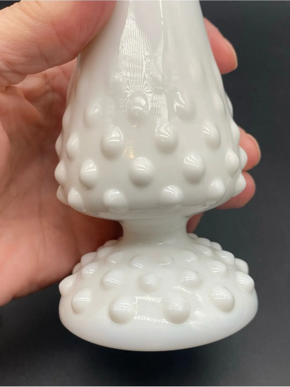 White Hobnail Milk Glass Bud Vase - Marked Fenton approximately 8-8 3/4”